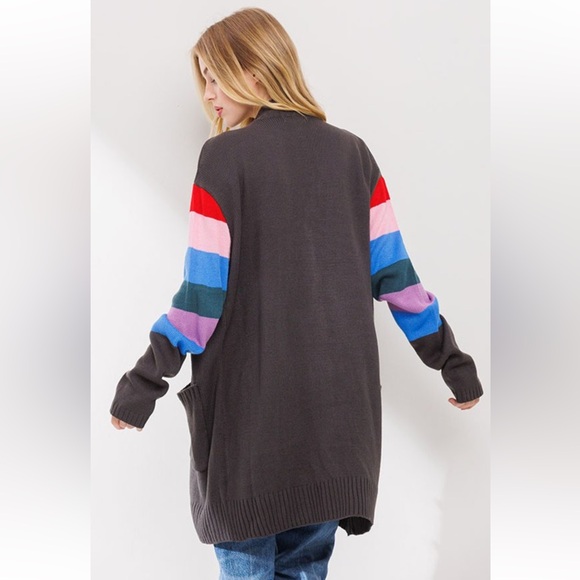 COLOR BLOCK BUTTON DOWN CARDGAN WITH POCKET - Picture 4 of 4